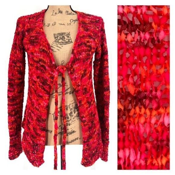 Hand Knit Handmade Loose Knit Colorful Front Tie Cardigan Boho Hippie Y2K Medium - Picture 1 of 12